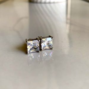 Simulated Moissanite Silver Tone Princess Cut Stud Earrings